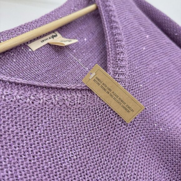 DKNY V-Neck Knit Purple Shimmery Pullover Sweater Size M Preppy Bottom Tie Flaw - Picture 7 of 11